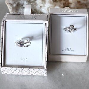 NEW Set of 2 Dillards Faux Diamond Engagement Wedding Rings | Silver Cubic